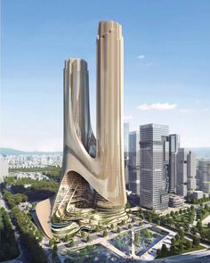 an artist's rendering of two tall buildings in the middle of a large city