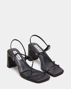 3 inch heel height Leather upper material Synthetic lining Synthetic sock Synthetic sole Imported Strapy Heels, Heels Steve Madden, Black Block Heels, Black Strappy Heels, Square Toe Heels, Leather Wear