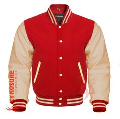 Varsity Letterman Baseball in Crimson Red Wool and Genuine Beige Leather Sleeves Jacket XS ~ 7XL Sizes CW-245" Material: Crimson Red Wool Blend & 100% Genuine Cream Leather Features: Total 5 Pockets, 2 Outside, 2 Inside, 1 Mobile Pocket Heated Sizes: XS-7XL (All Sizes and Colours are Available for Men,Women & Kids) 12 hours, All Sizes & Color Combinations are Available. We will respond you as soon as possible. * The quality of the varsity jacket is the finest in the field. Only the softest, most Amazon Selling, Leather Sleeve Jacket, College Jackets, Baseball Varsity Jacket, Leather Sleeves, Letterman Jacket, Satin Jackets, Leather Sleeve, Wool Knit