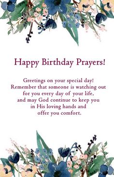 a birthday card with flowers and leaves on the front, saying happy birthday prayers