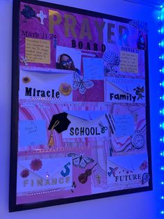 a bulletin board with pictures and words on it in front of a blue neon light