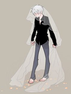 an anime character with white hair wearing a black jacket and grey pants, standing in front of a veil