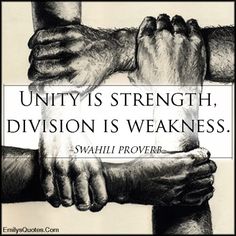 two hands holding each other with a quote above it that says, unity is strength, division is weakness