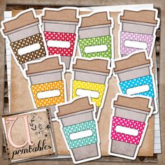 coffee cup stickers with polka dots are on top of a piece of cardboard paper