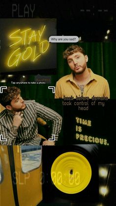 a collage of photos with the words stay gold on it and an image of a man sitting in a yellow car