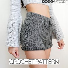 a close up of a person wearing short shorts and a cropped sweater with the words crochet pattern on it