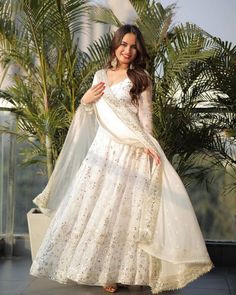 #ad Premium Quality INDIAN BOLLYWOOD STYLE FAUX GEORGETTE GOWN WITH HEAVY DUPATTA FOR PARTY WEAR, Fashion Dresses Flair Gown, White Anarkali, Indian Wedding Gowns, Party Wear Gowns, Georgette Gown, Gown With Dupatta, Anarkali Dress Pattern, Cotton Gowns, Indian Dresses Traditional