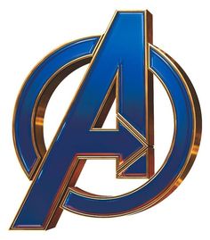 the avengers logo is shown in gold and blue