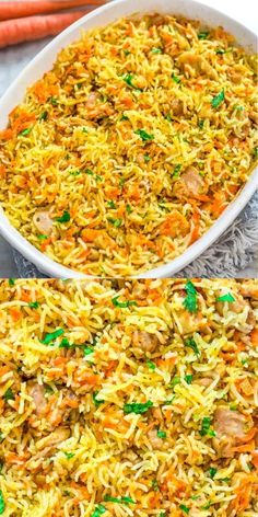 carrot rice in a white bowl with green and orange sprinkles on top