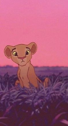 a lion cub sitting in the middle of some tall grass with a pink sky behind it