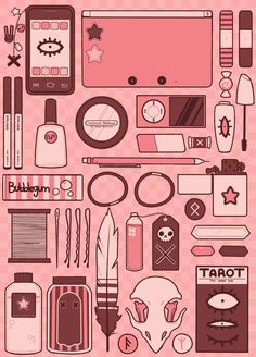 a bunch of different items that are on top of a pink background with the words tarot written below them