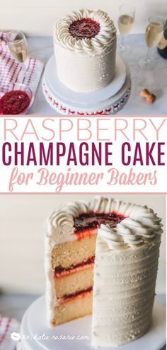 raspberry champagne cake for beginner bakers with text overlay that reads raspberry champagne cake for beginners