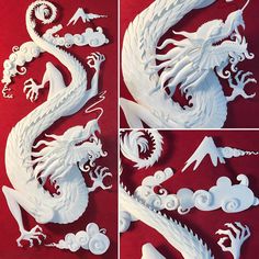 four pictures of white paper cut out of different shapes and sizes, including a dragon