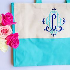 "Monogrammed tote bags are the PERFECT gift for friends, bridesmaids, teachers, and family! These durable, water-resistant canvas totes can be used for weekend getaways, work bag, beach trips, etc. Available in black, navy, and pink. Tons of monogramming options! Tote bag measures 17.5\" wide and 14\" tall (not including handle). It is made from 100% cotton canvas with a large main compartment and zipper pocket inside. In the personalization box, please include: 1. Full Name (First, Middle, Last Personalized Monogram Tote Bag, White Monogram Tote Bag, White Rectangular Monogram Bag, Blue Monogram Bags For Everyday Use, Blue Monogram Bag For Everyday Use, Personalized Blue Rectangular Bag, White Rectangular Bags For Bridesmaid Gift, Monogram Robes, Boat Tote