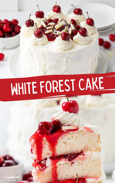 a white forest cake with cherries on top and the words white forest cake above it