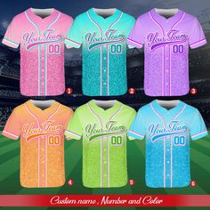 the custom baseball jersey for your team is available in multiple colors and sizes, including pink, blue, green, purple, yellow