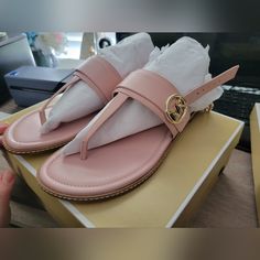 Brand New In Box Pink Flat Leather Sandals, Pink Slingback Sandals With Adjustable Strap, Pink Leather Sandals With Adjustable Strap, Pink Flat Sandals With Adjustable Strap, Pink Synthetic Sandals With Adjustable Strap, Michael Kors Pink Round Toe Sandals, Michael Kors Pink Open Toe Sandals, Pink Slingback Sandals In Synthetic Material, Pink Slingback Synthetic Sandals