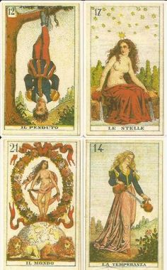 four different tarot cards with pictures of women