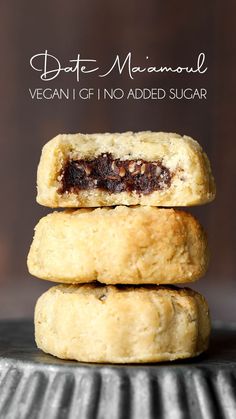 three cookies stacked on top of each other with the words date mementoe vegan if no added sugar