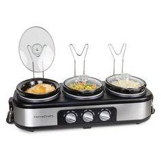 an electric food cooker with three bowls on the front and two plates on the back