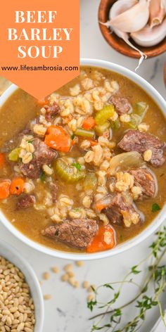 beef barley soup in a white bowl with carrots and parsley on the side