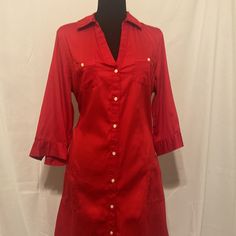 This Old Navy Dress Is A Beautiful Red With Three-Quarter Sleeves Button Down Style. Stitching Detail On The Pockets And The Sleeves Pair It With A Belt Or A Blazer. Belt Not Included Red Spring Dresses With Button Closure, Red Button-up Spring Dress, Red Button-up Dress For Spring, Casual Red Long Sleeve Shirt Dress, Red V-neck Dress With Buttons, Red Button-up Casual Shirt Dress, Red Button-up Shirt Dress Casual, Red Casual Knee-length Shirt Dress, Elegant Red Button-up Dress