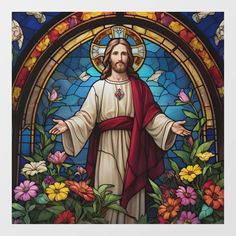 a stained glass window with jesus standing in front of flowers and leaves on the ground