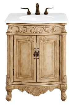 an antique style sink cabinet with marble top