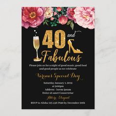 the 50th birthday party card features pink flowers and gold lettering, which reads 50 and fabulous