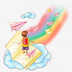 a boy standing on top of an open book with paper airplanes flying above him, illustration, cartoon png and psd