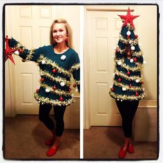 a woman in a christmas tree costume is taking a selfie