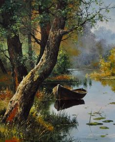 a painting of a boat in the water by a tree and some leaves on the ground