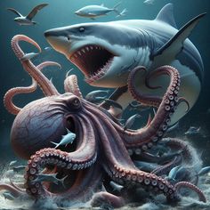 an octopus attacking a shark with its mouth open in the ocean, surrounded by other animals