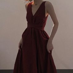 Olivia Mark - Red Beach Vacation Halter Dress with Waist Tie and Flowy Skirt V Neck Dresses, Red Beach, Satin Evening Dresses, Dress Flowy, Camisole Dress, Burgundy Dress, Flowy Skirt, Types Of Skirts, V Neck Dress