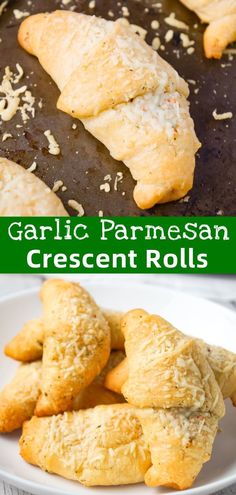 garlic parmesan crescent rolls on a white plate with text overlay that reads garlic parmesan crescent rolls