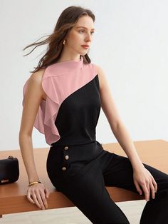 Rosa Pálido Elegante Collar sin mangas Tela tricotada Color combinado Top Embellished No-Elástico Verano Colorblock Top, Black And White Style, Color Block Top, Sports Blazer, Women Blouses, Fashion Tops, Ruffle Trim, Simple Dresses, Baby Pink