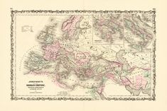 an old map showing the roman empire in pink and green, with red dots on it