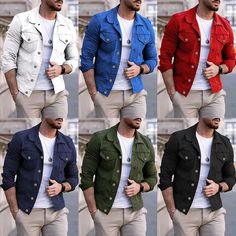 Men Autumn Spring Denim Coat Slim Fit Jackets Tops Casual Multi-pockets Workwear