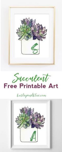 succulent free printable art is displayed in front of a white wall with two framed