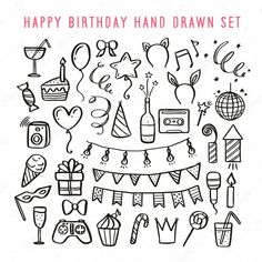 happy birthday hand drawn set with party objects