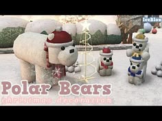 an animated christmas scene with polar bears and snowmen in front of a snowy yard