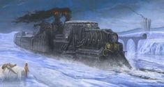 a painting of a train traveling through snow covered ground with two horses in the foreground