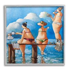 three women in bikinis are sitting on a dock and one woman is drinking from a bottle