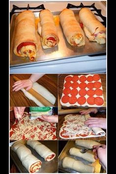 the process of making pizza roll ups is shown in multiple pictures, including one being rolled up