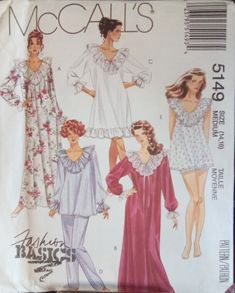 1990 McCalls Nightgown Pattern #5149, long and short gowns, pajamas, and babydoll styles. Size Medium (14/16) Factory fold. Uncut. $20.00 Tops With Collar, Sleepwear Pattern, Pajamas Aesthetic, Nightgown Pattern, Sleeve Variations, Babydoll Nightgown, Vintage Pajamas, Vintage Hollywood Glamour, Pajama Pattern