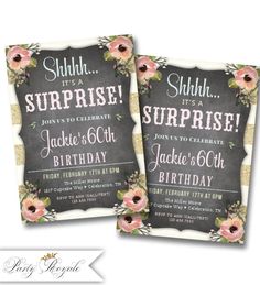 two black and white birthday party cards with pink flowers on the front, one is for surprise