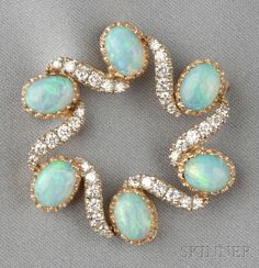 14kt Gold, Opal, and Diamond Brooch, designed as a circle set with six oval cabochon opals, further set with full-cut diamond melee. Opal Jewelry Set, Wedding Brooch, Diamond Brooch, Fabulous Jewelry, Ring Diamond, Bijoux Diy, A Circle