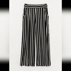 Brand New With Tags Lightweight Striped Size 10 Casual Wide-leg Pants With Vertical Stripes, Casual Wide-leg Vertical Stripes Pants, Luxury Striped Wide-leg Pants, Black Wide-leg Pants With Vertical Stripes, Striped Wide-leg Pants With Elastic Waistband, Bardot Crop Top, Cream Pants, Cropped Linen Trousers, Tie Waist Pants