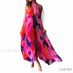 Lasaky - Fashionable Long-Dress with Exposed Back and Floral Details Pink Printed Party Maxi Dress, Pink Printed Maxi Dress For Party, Multicolor Pleated Maxi Dress For Party, Pink Pleated Maxi Dress For Vacation, Chic Multicolor Pleated Maxi Dress, Multicolor Pleated Maxi Dress For Vacation, Dresses Elegant Long, Sleeveless Skirt, Full Length Gowns