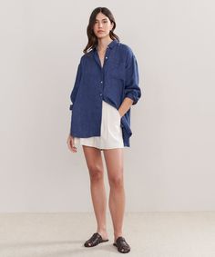 Relaxed Oversized Shirt ChambrayWith a dramatically oversized fit, this staple piece redefines style versatility. Tucked, untucked, or half-tucked depending on your mood—the Relaxed Oversized Shirt is as crisp and put together as it is effortlessly cool for any occasion.100% linen.Made in China of Italian fabric.Oversized button-up shirt with a generous fit to provide a relaxed look and feel. Oversized Effortless Shirt With Shirttail Hem, Oversized Relaxed Top For Work, Oversized Tops With Pockets And Shirttail Hem, Effortless Oversized Button-up Tops, Relaxed Fit Shirt For Daywear, Relaxed Fit Shirt With Shirttail Hem For Daywear, Relaxed Fit Shirt With Shirttail Hem For Day Out, Oversized Blouse With Pockets And Shirttail Hem, Relaxed Oversized Button-up Shirt